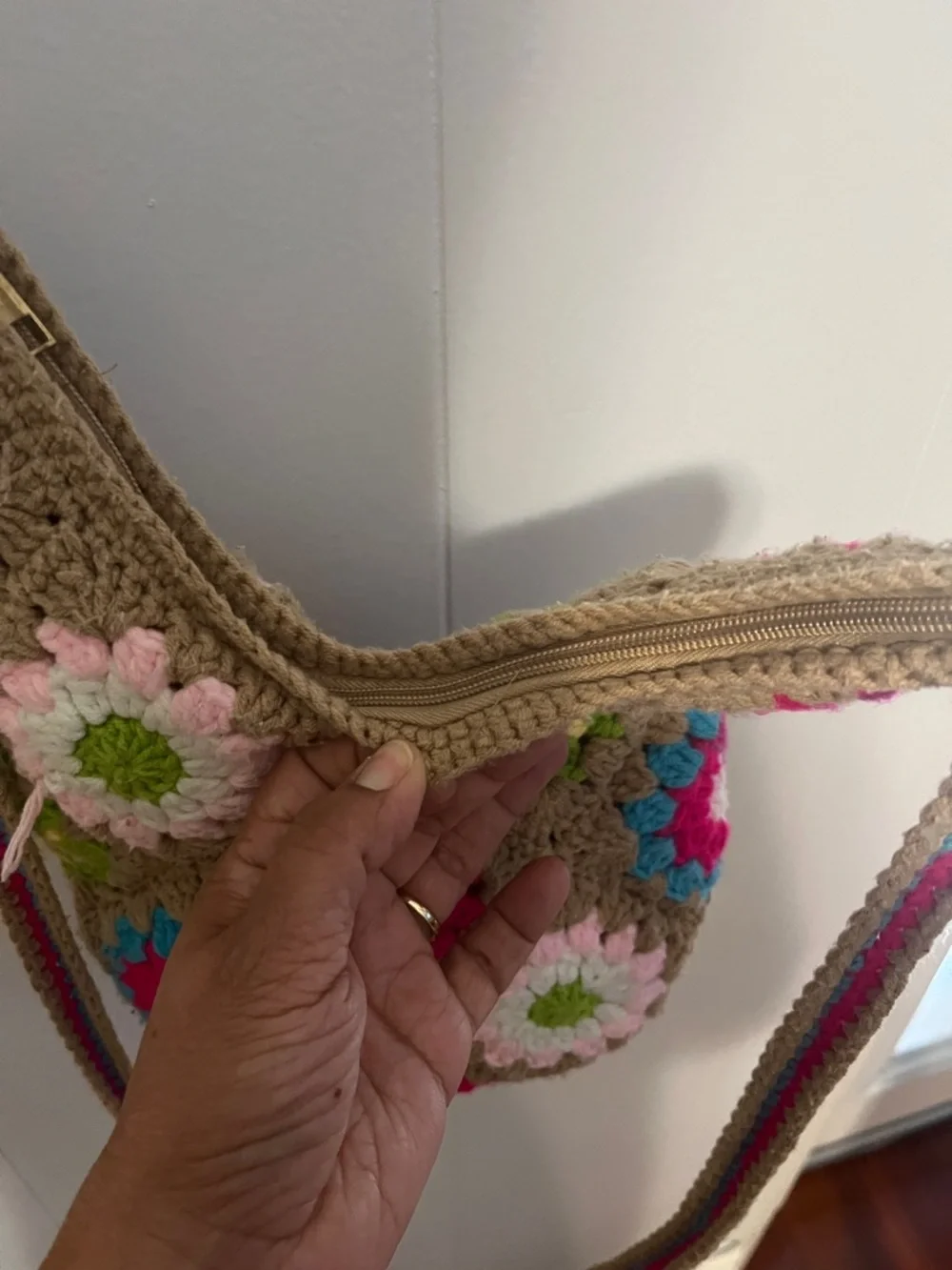 Handcrafted Multicolor Crochet Shoulder Bag - Brown and Floral Accents - Picture 5 of 6